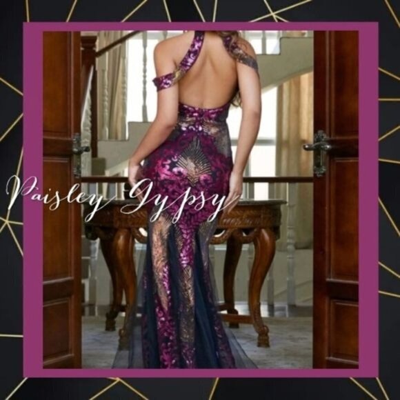 MULTICOLOR PLANTS PATTERN SEQUINED HALTER MERMAID GOWN - Picture 6 of 10